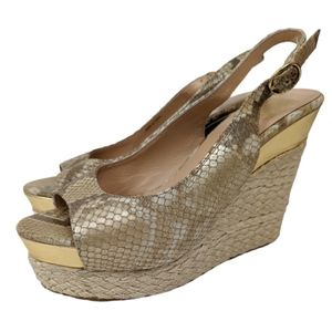 Dolce Vita Snakeskin Leather Wedge Sandals Heels Open Toe Snake Print Gold 7